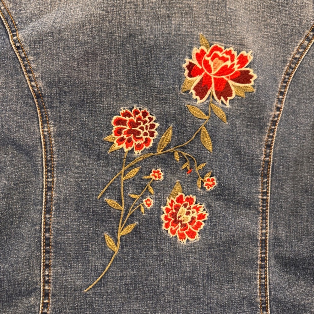 Romantic Floral Embroidered Western Cottagecore Denim Jean Jacket Stretch Sz M - Picture 3 of 13